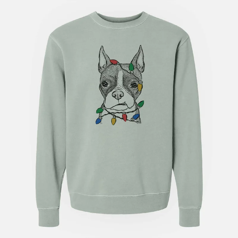 Christmas Lights Bean the Boston Terrier - Unisex Pigment Dyed Crew Sweatshirt Hoodie with Pocket Utility Practical
