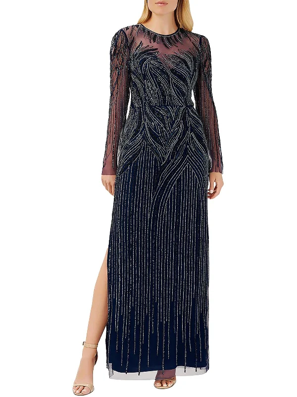 Womens Beaded Long Sleeve Evening Dress Maxi Flowy Bohemian