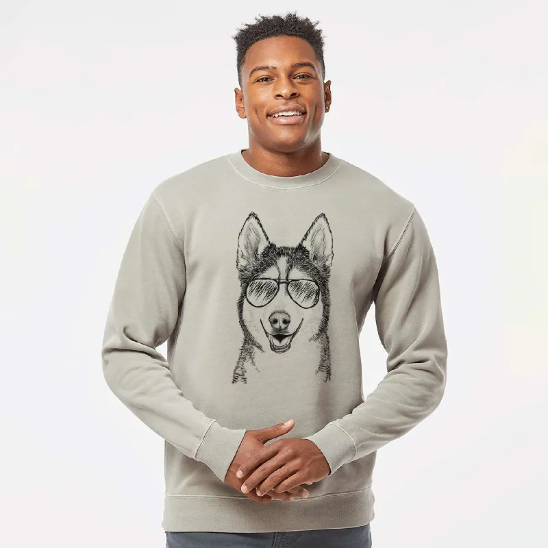 Aviator Kira the Siberian Husky - Unisex Pigment Dyed Crew Sweatshirt Hoodie with Front Slit Layering Stylish