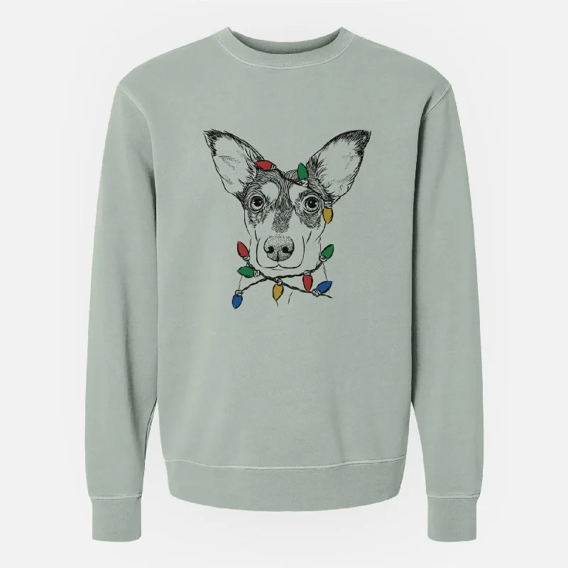 Christmas Lights Chloe the Doxie Mix - Unisex Pigment Dyed Crew Sweatshirt Hoodie with Hem Frayed Vintage Worn