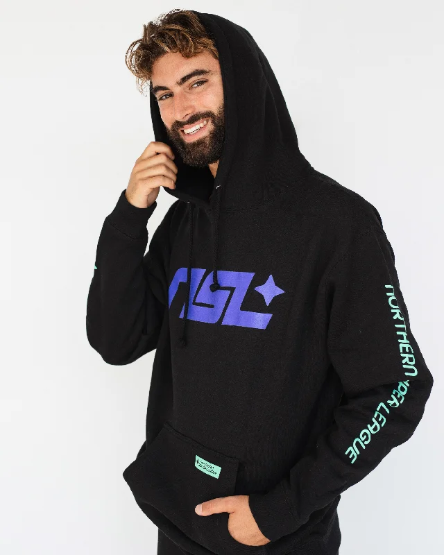 NSL - Logo Unisex Hoodie - Black Hoodie with Hem Fringe Bohemian Relaxed