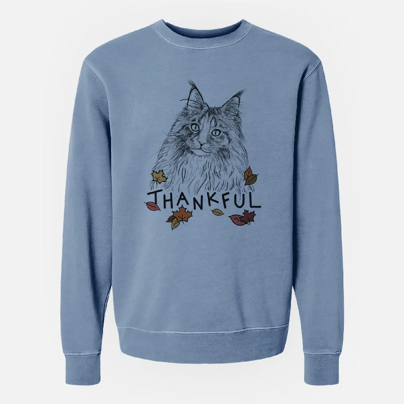 Thankful Kiki the Maine Coon Cat - Unisex Pigment Dyed Crew Sweatshirt Hoodie with Longline Fit Extended Stylish