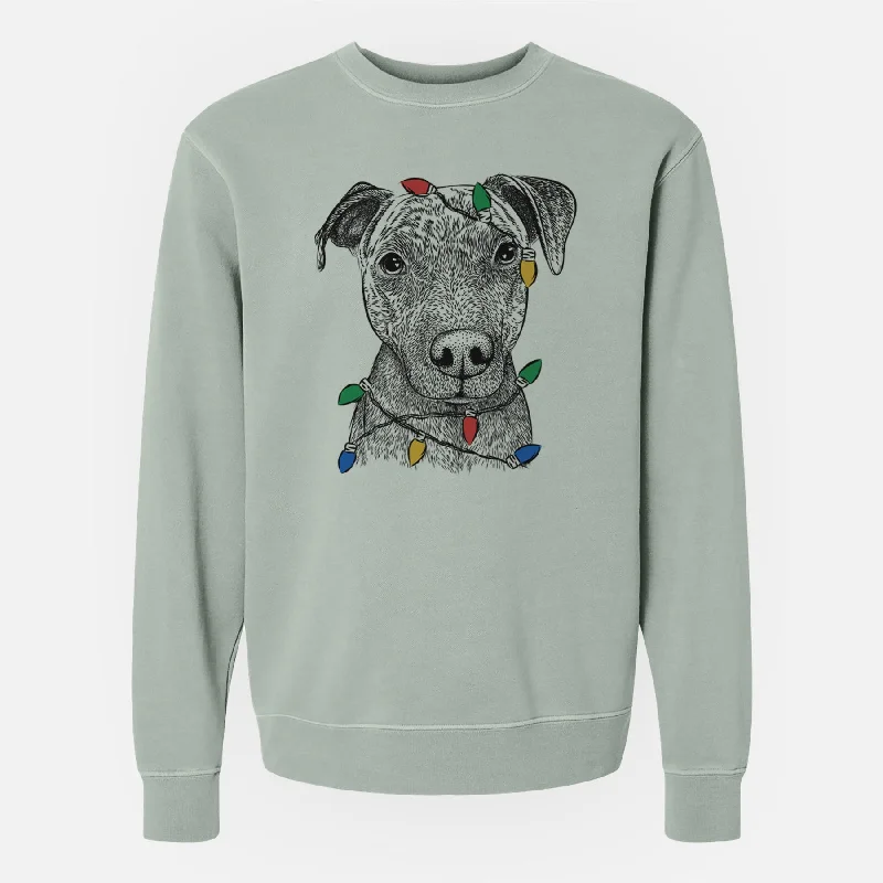 Christmas Lights Reeses the Pitbull - Unisex Pigment Dyed Crew Sweatshirt Hoodie with Camouflage Military Edgy