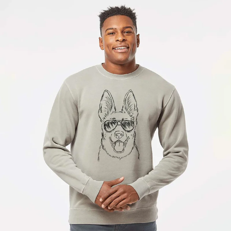 Aviator Brutus the German Shepherd - Unisex Pigment Dyed Crew Sweatshirt Hoodie with Hem Embroidery Detailed Premium