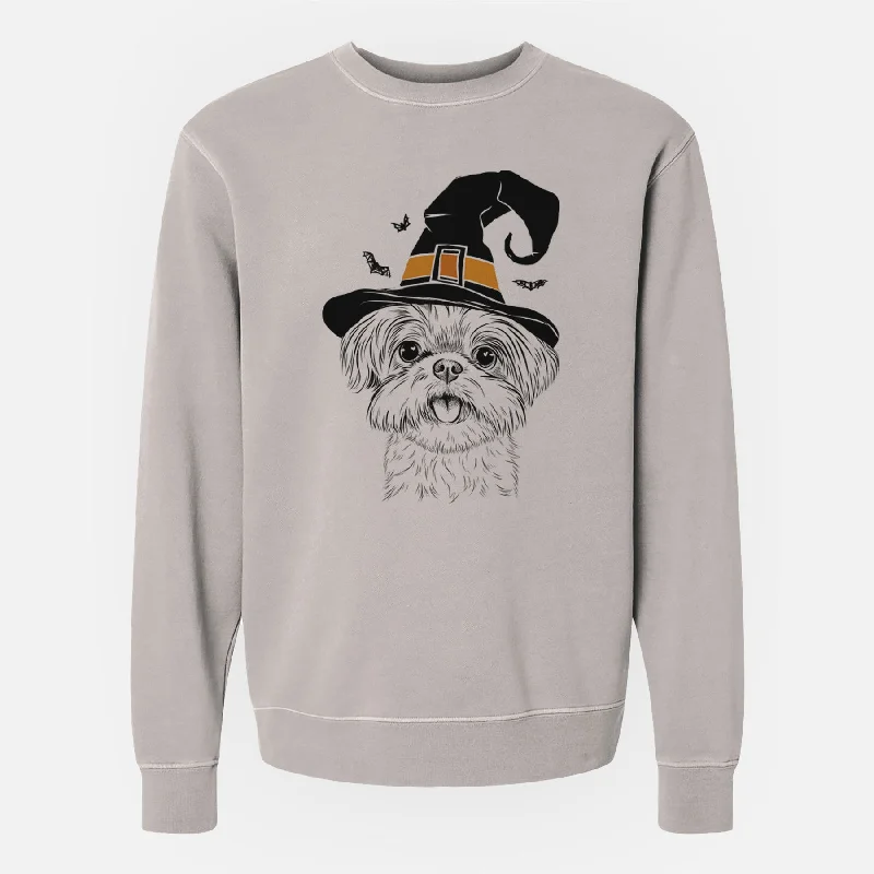 Witch Pebbles the Shorkie - Unisex Pigment Dyed Crew Sweatshirt Hoodie with Hem Frayed Vintage Worn