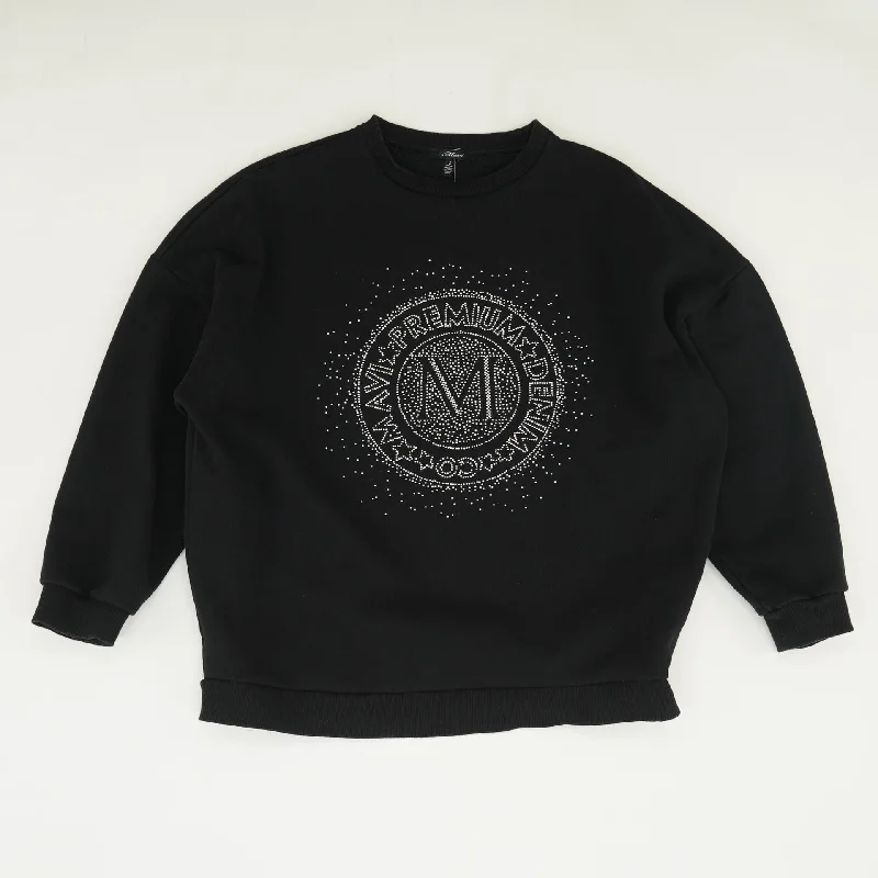 Black Solid Sweatshirt Hoodie with Rolled Sleeves Casual Relaxed