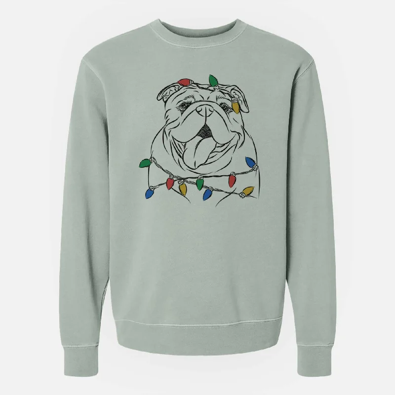 Christmas Lights Missy Moo the English Bulldog - Unisex Pigment Dyed Crew Sweatshirt Hoodie with Pastel Soft Subtle