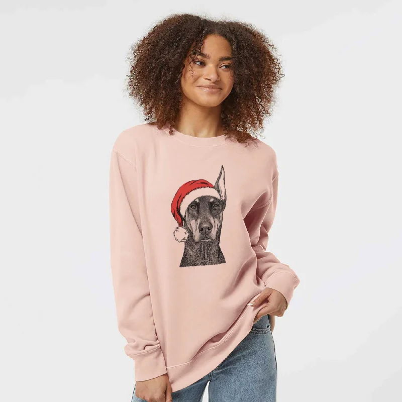 Santa Drake the Doberman Pinscher - Unisex Pigment Dyed Crew Sweatshirt Hoodie with Cuffed Sleeves Snug Secure