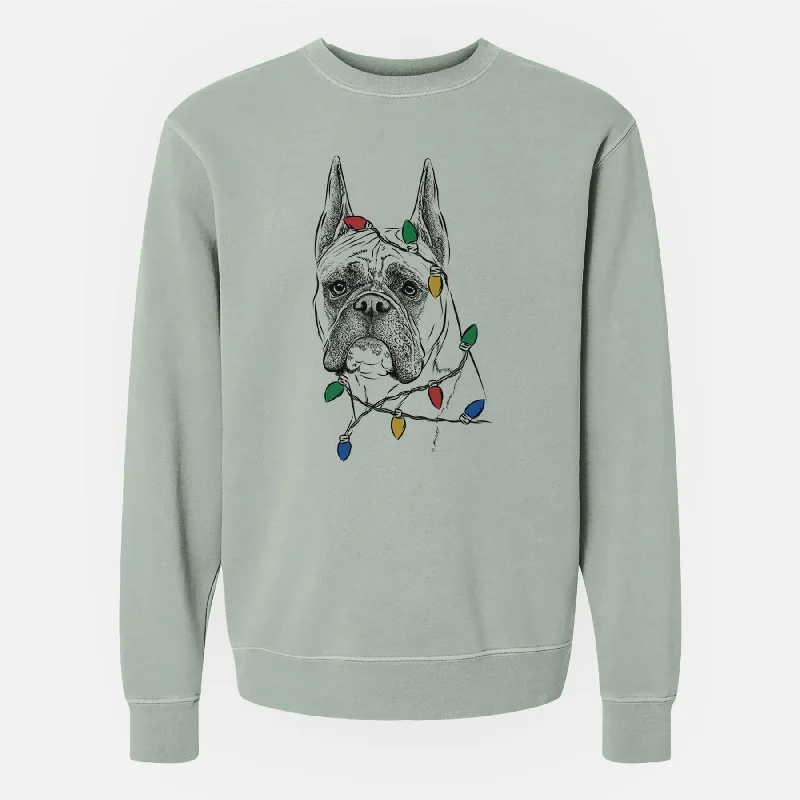 Christmas Lights Ezra the Boxer - Unisex Pigment Dyed Crew Sweatshirt Hoodie with Distressed Vintage Worn