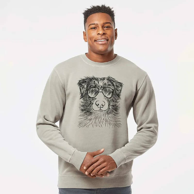 Aviator Gram the Australian Shepherd - Unisex Pigment Dyed Crew Sweatshirt Hoodie with Thumb Holes Functional Cozy