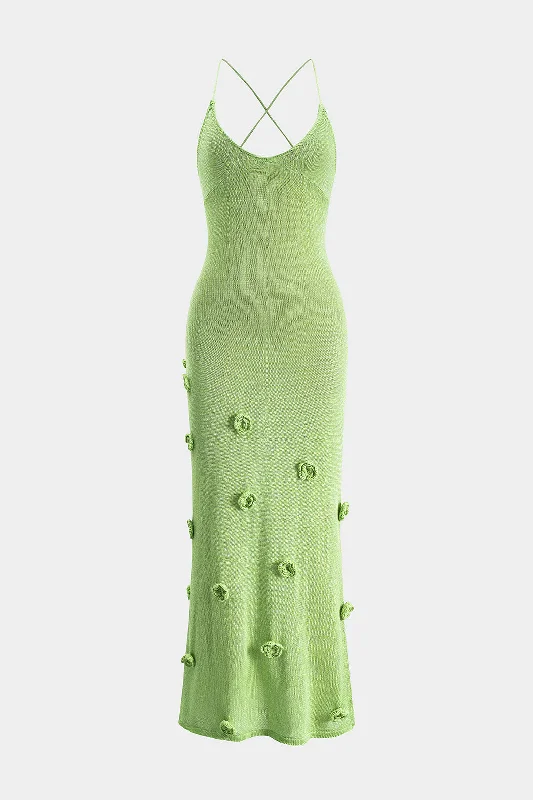 3D Flower Knit Tie Back Backless Slip Dress Tunics Luxurious high-end