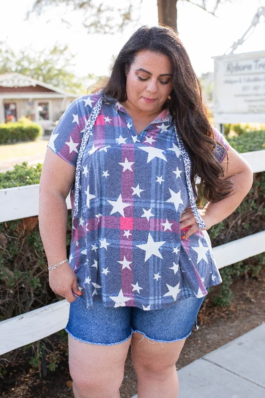 Patriotic Plaid Short Sleeve Hoodie Hoodie with Half-Zip Sporty Casual