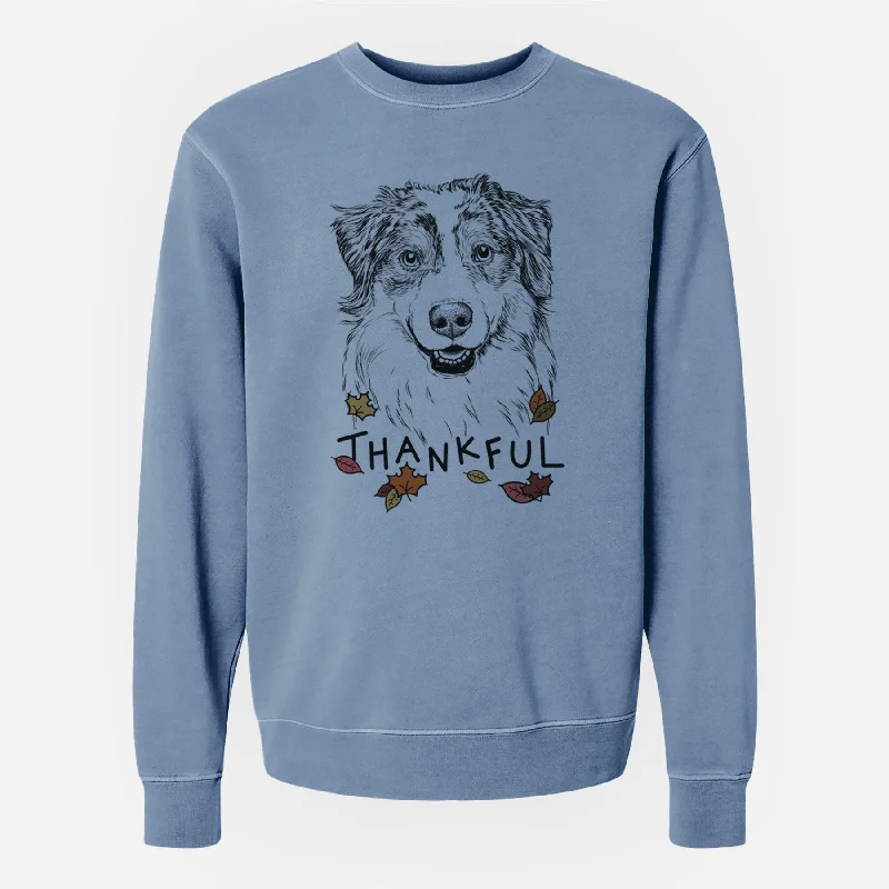 Thankful Aonghus the Australian Shepherd - Unisex Pigment Dyed Crew Sweatshirt Hoodie with Hem Fringe Bohemian Relaxed