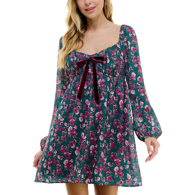 Juniors Womens Floral Print Polyester Fit & Flare Dress Tunics Satin smooth