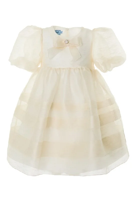 Beige Gathered Linen Silk Gauze Dress Boat Neckline Classic