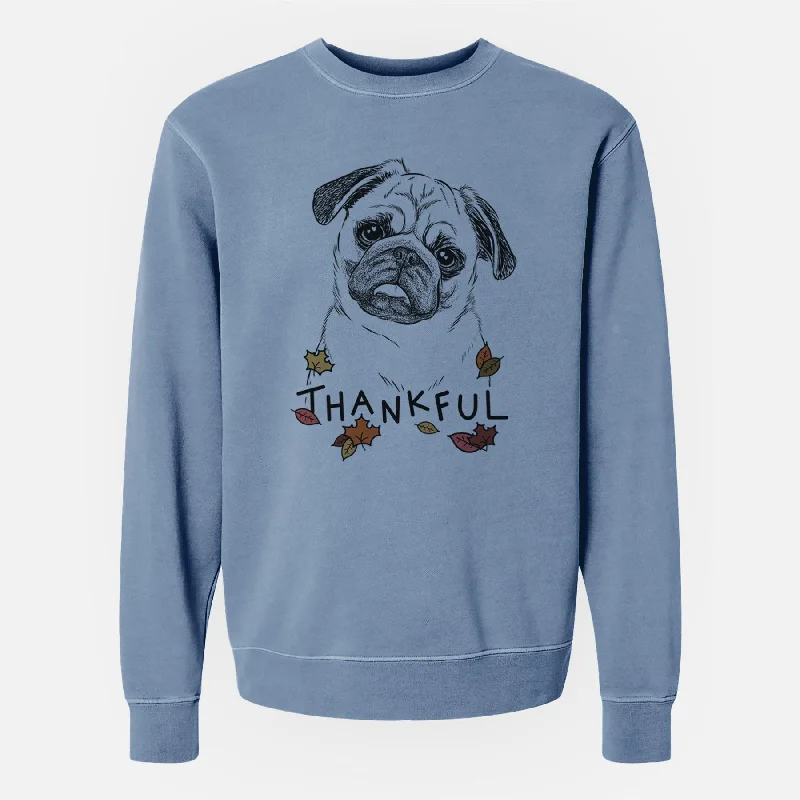 Thankful Macy the Pug - Unisex Pigment Dyed Crew Sweatshirt Hoodie with Oversized Fit Loose Comfortable