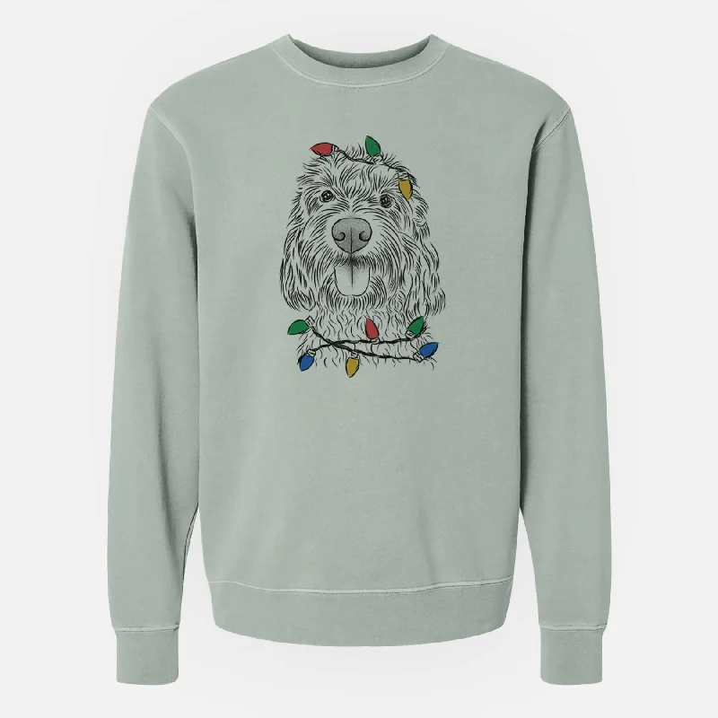 Christmas Lights Clover the Cockapoo - Unisex Pigment Dyed Crew Sweatshirt Hoodie with Snap Buttons Easy Quick