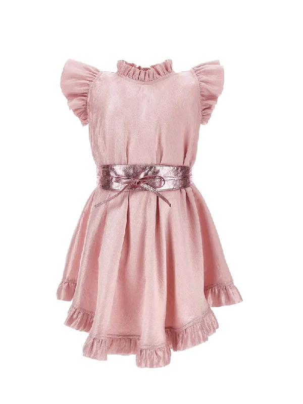 Pink Metallic Ruffle Trim Belted Dress Tunics Fashionable trendy