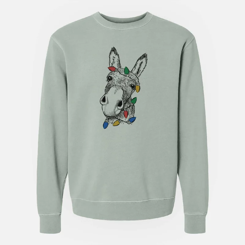 Christmas Lights Jenny the Donkey - Unisex Pigment Dyed Crew Sweatshirt Hoodie with Hem Embroidery Detailed Premium