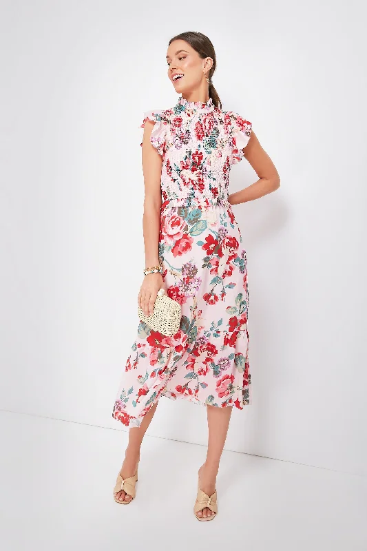 Multi Lanie Floral Flutter Sleeve Smocked Dress Tunics Long Elegant