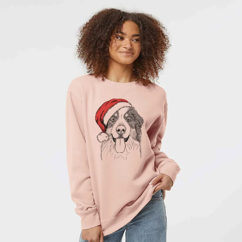 Santa Blaze the Bernese Mountain Dog - Unisex Pigment Dyed Crew Sweatshirt Hoodie with Hem Frayed Vintage Worn
