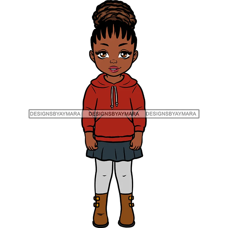 Little Black Girl In Red Hoodie And Boots Wide Eyed JPG PNG  Clipart Cricut Silhouette Cut Cutting Hoodie with Slit Hem Functional Movement