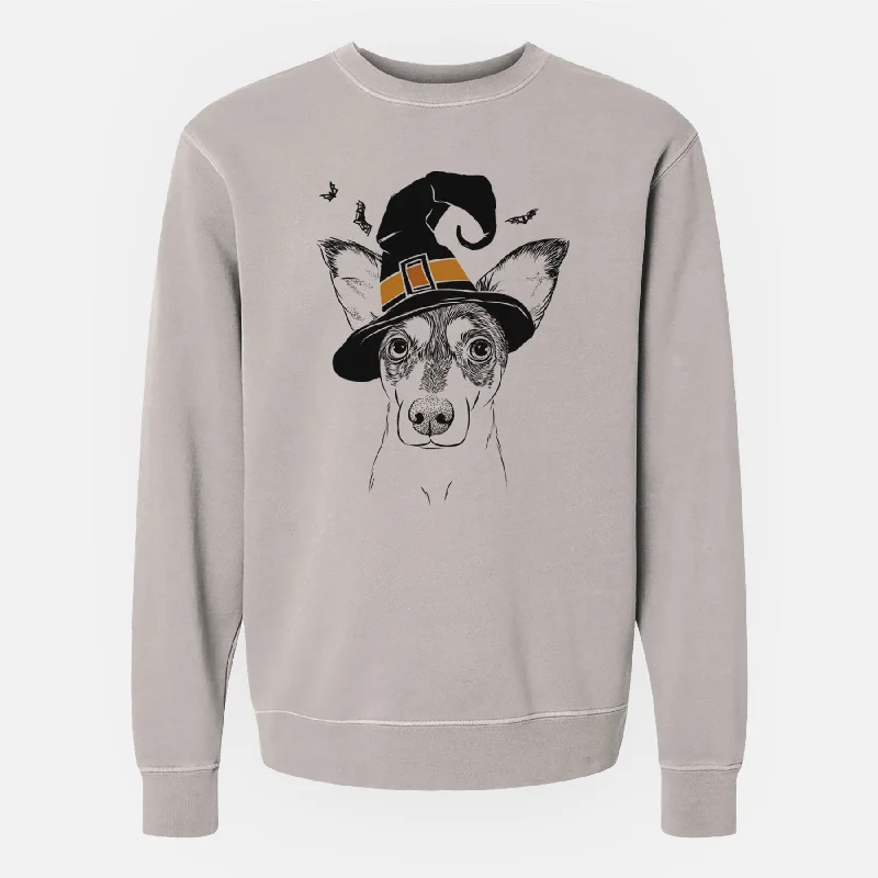 Witch Chloe the Doxie Mix - Unisex Pigment Dyed Crew Sweatshirt Hoodie with Hem Raw Edge Edgy Unfinished
