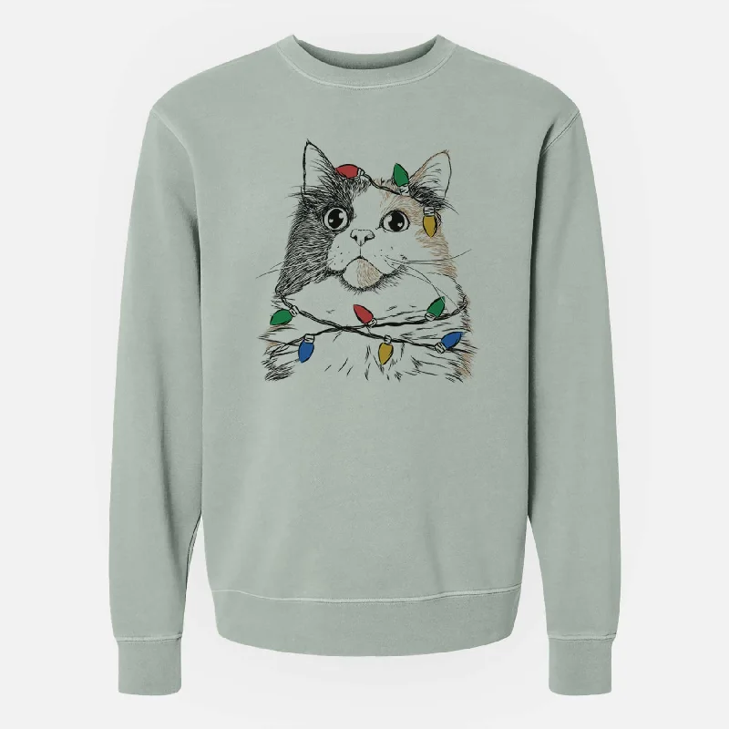 Christmas Lights Greta the Calico Cat - Unisex Pigment Dyed Crew Sweatshirt Hoodie with Ribbed Hem Stretchable Secure