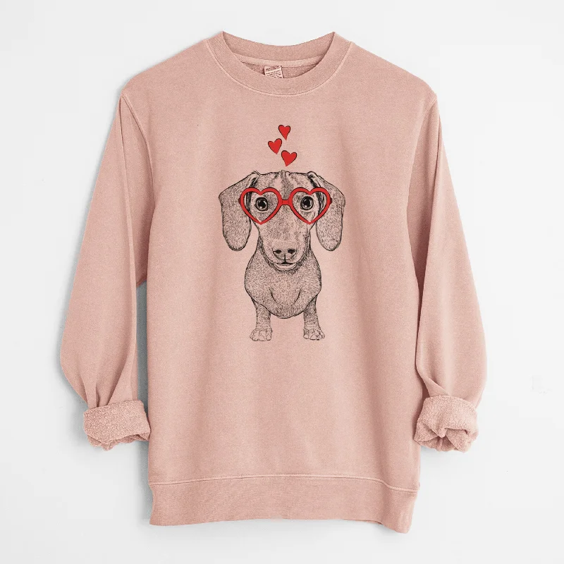 Valentine Ernie the Mini Dachshund - Unisex Pigment Dyed Crew Sweatshirt Hoodie with Rhinestones Sparkly Elegant