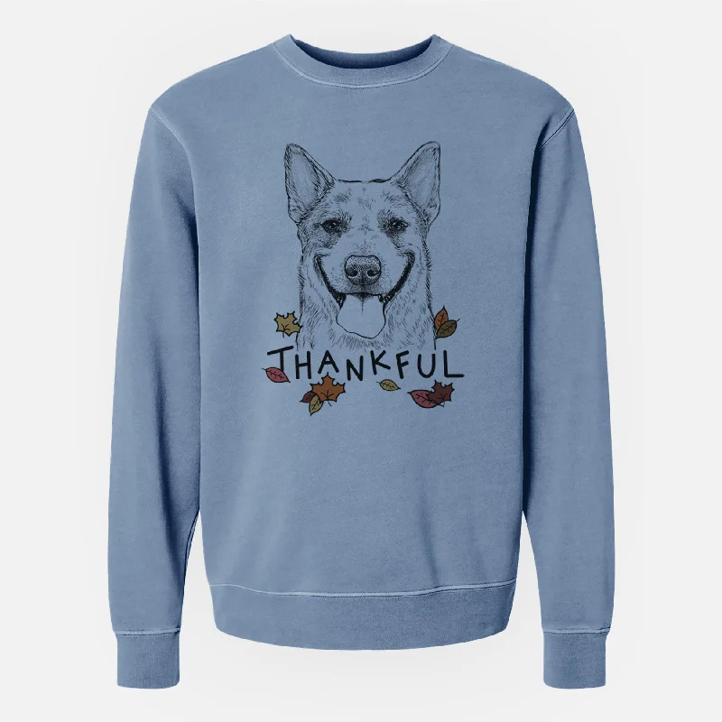 Thankful Rio the Australian Cattle Dog - Unisex Pigment Dyed Crew Sweatshirt Hoodie with Thumb Holes Functional Cozy