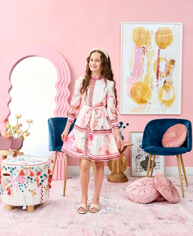 White and Pink Floral Design Dress Tunics Formal black