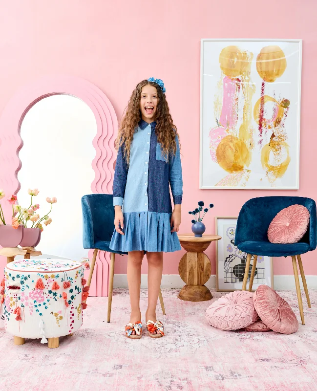 Denim Colorblock Button Down Dress Tunics Yoga stretchy