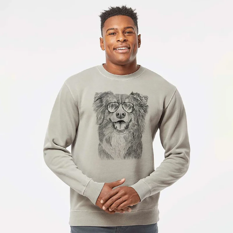Aviator Aussie Parker the Australian Shepherd - Unisex Pigment Dyed Crew Sweatshirt Hoodie with Stripes Bold Sporty