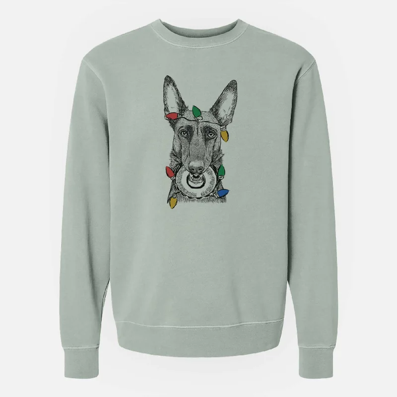 Christmas Lights Juno the Belgian Malinois - Unisex Pigment Dyed Crew Sweatshirt Hoodie with Hem Drawcord Adjustable Customizable