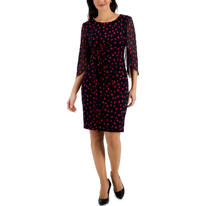 Petites Womens Polka Dot Chiffon Sheath Dress Boat Neckline Classic