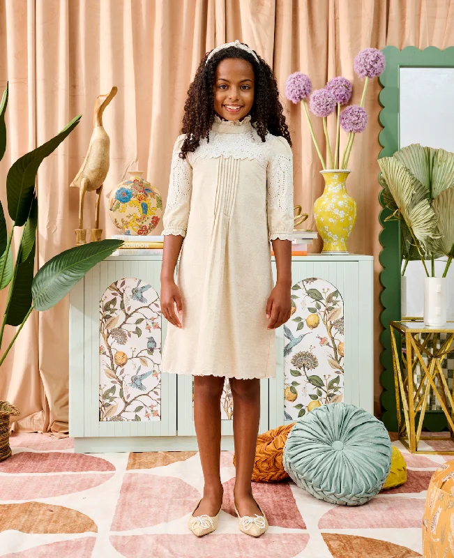 Beige Linen Dress with Eyelet Embroidered Design Tunics Bridal satin