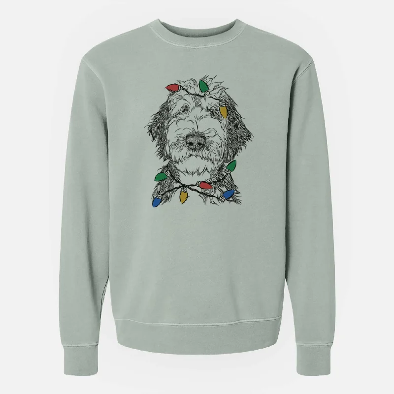 Christmas Lights Milo Fluff the Sheepadoodle - Unisex Pigment Dyed Crew Sweatshirt Hoodie with Distressed Vintage Worn