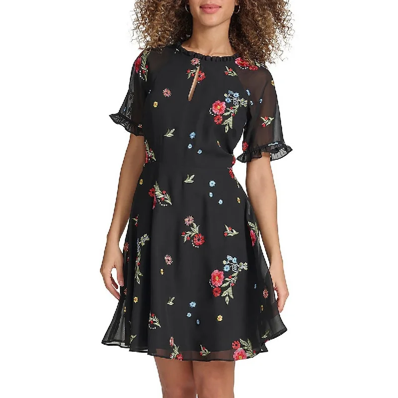 Womens Embroidered Chiffon Fit & Flare Dress Tunics Chinos classic