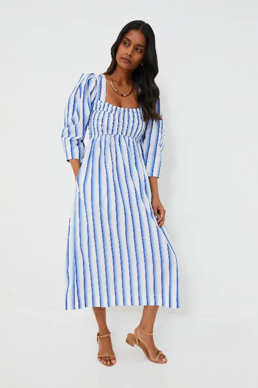Silver Lake Blue Stripe Cotton Open-neck Smock Long Dress Tunics Bridal satin
