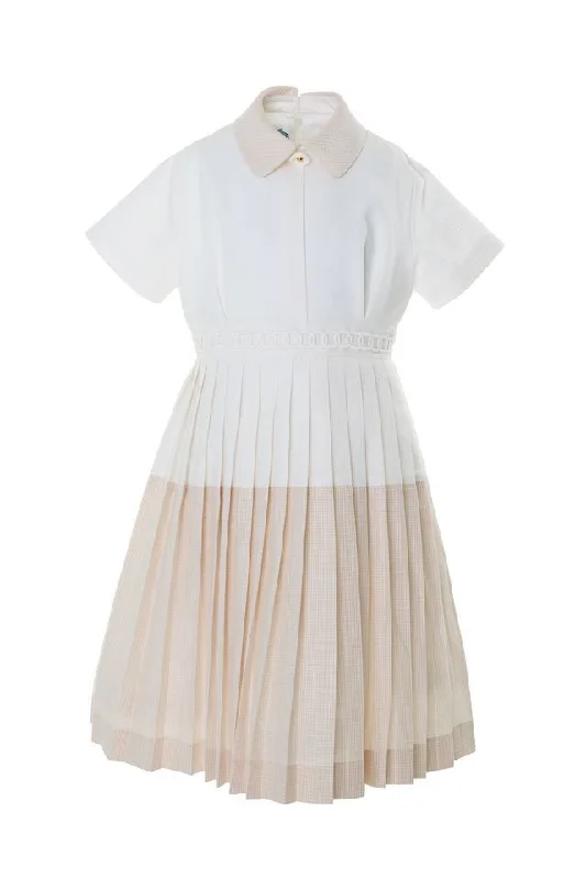 Beige 3/4 Sleeves Pleated Cotton Dress Tunics Versatile all-occasion