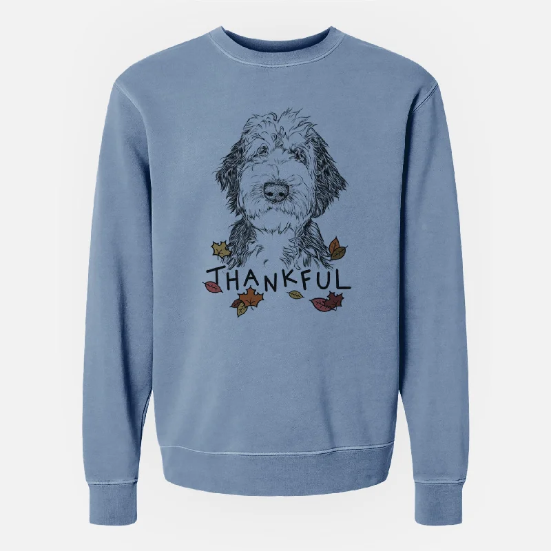 Thankful Milo Fluff the Sheepadoodle - Unisex Pigment Dyed Crew Sweatshirt Hoodie with Monochrome Minimalist Simple