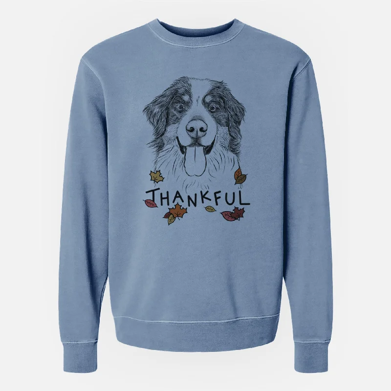 Thankful Blaze the Bernese Mountain Dog - Unisex Pigment Dyed Crew Sweatshirt Hoodie with Elastic Waist Stretchable Comfortable