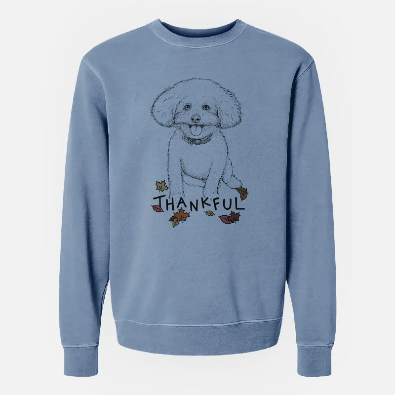 Thankful Peyton the Bichon Frise - Unisex Pigment Dyed Crew Sweatshirt Hoodie with Belted Waist Structured Tailored