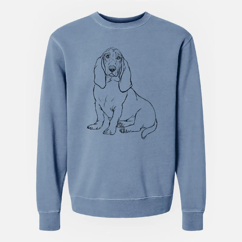 Doodled Blueberry the Basset Hound - Unisex Pigment Dyed Crew Sweatshirt Hoodie with Hem Applique Textured Unique