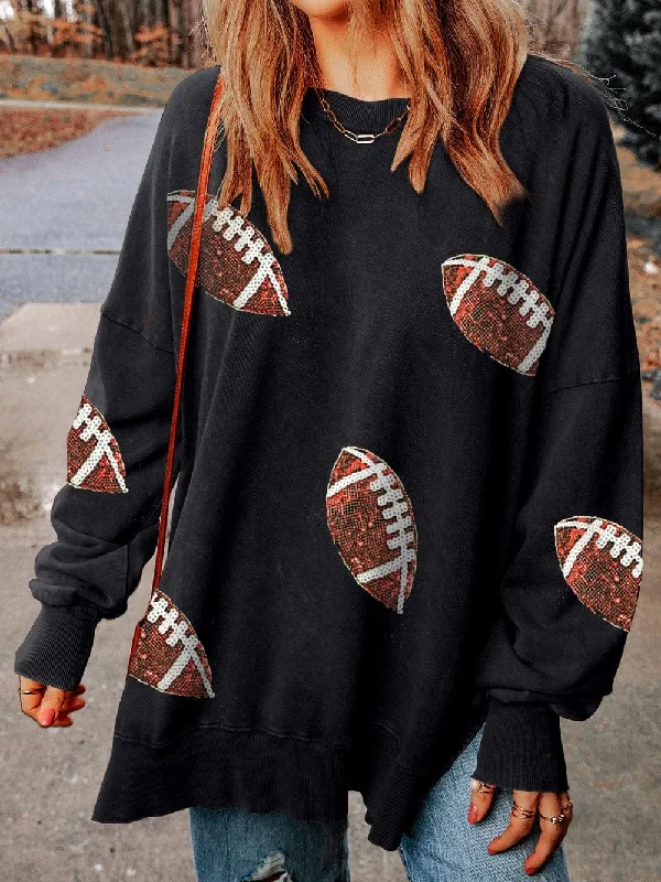 Chic Rugby Graphic Sequin Detail Sweatshirt for Casual Rugby Game Day Outfits Hoodie with Full-Zip Functional Layering