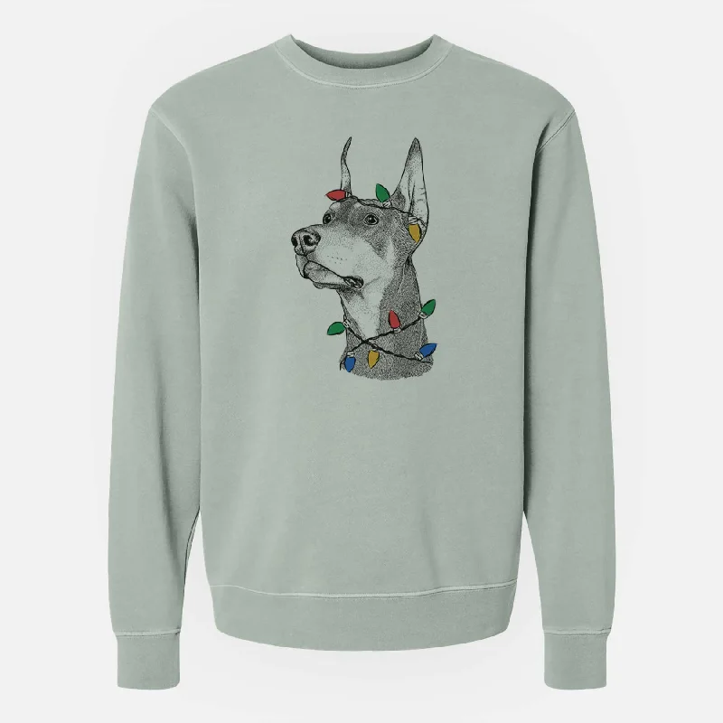 Christmas Lights Cenza the Doberman Pinscher - Unisex Pigment Dyed Crew Sweatshirt Hoodie with Back Slit Movement Comfort