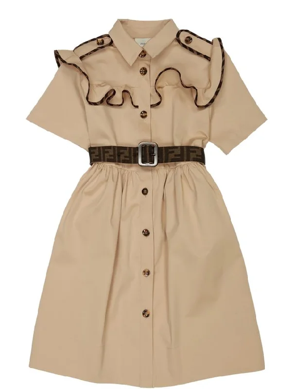 Desert Sand Belted Button up FF Detail Dress Tunics Short Trendy