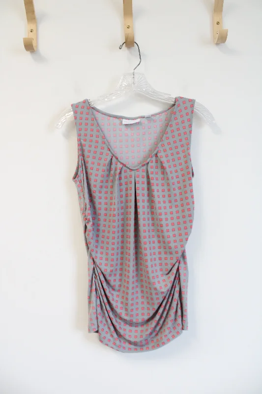 New York & Company Stretch Gray Pink Square Patterned Ruched Tank Top | S high neck tank