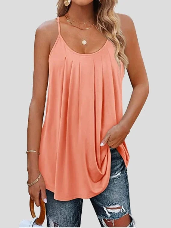 Tops Pleated Sling Crew Neck Tank Tops scoop neck tank