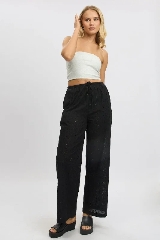 Black Wide Leg Pants High Rise Eyelet Fabric Soft Stretch Trousers